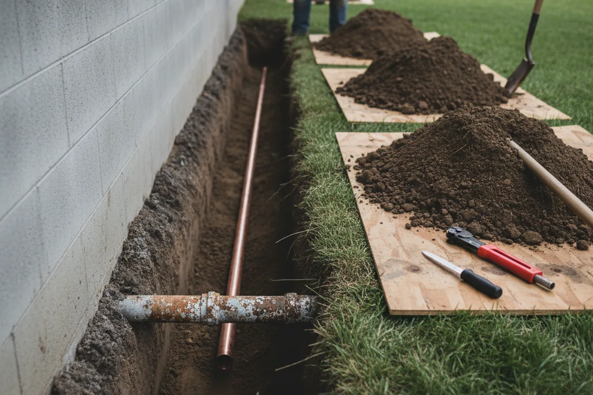 Excavated water line trench during Water Heater Repair in Longwood
